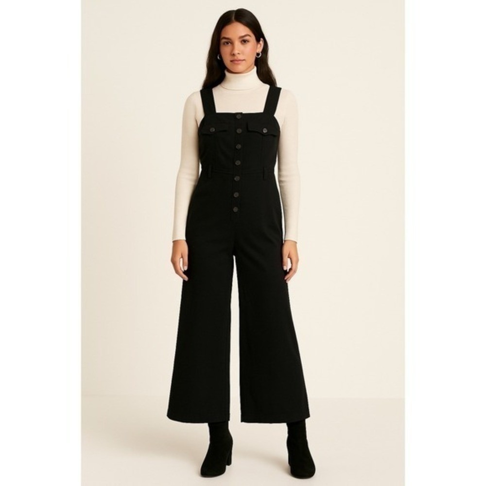 Forever 21 Contemporary Jumpsuit Women's S Black Button Front Cropped Wide Leg S